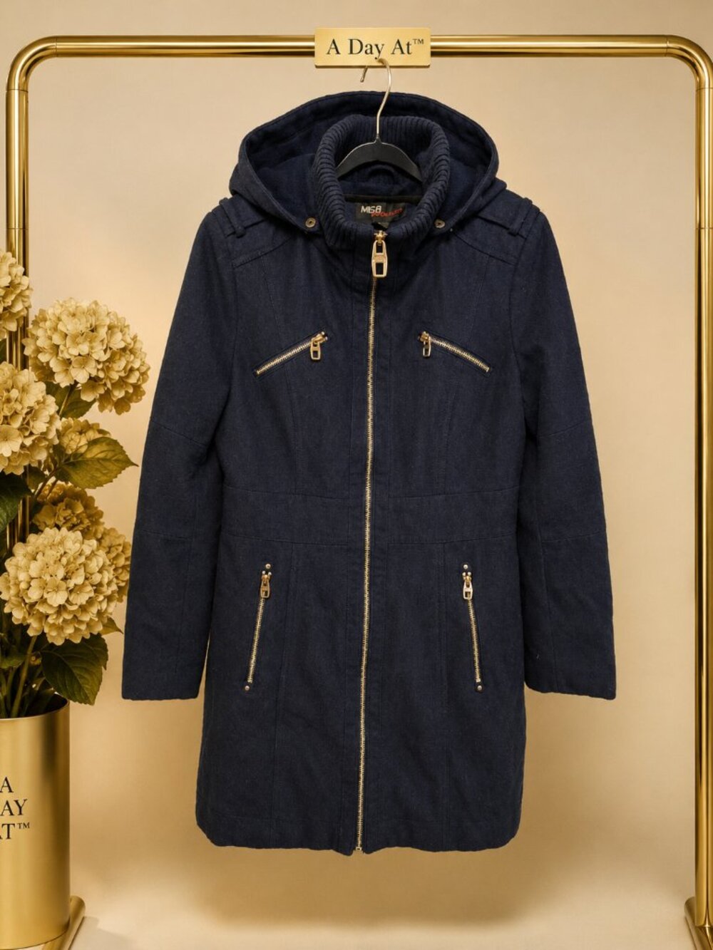 Y2K M60 Miss Sixty Navy Wool Hooded Zip Utility Military Moto Coat Medium Fitted